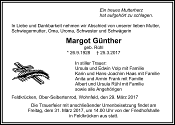Traueranzeige von Margot Günther von Alsfelder Allgemeine