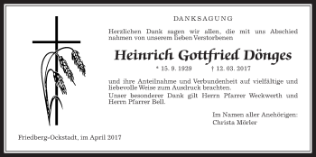 Traueranzeige von Heinrich Gottfried Dönges von Wetterauer Zeitung, Wetterauer Zeitung