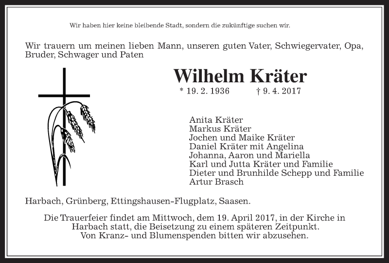  Traueranzeige für Wilhelm Kräter vom 15.04.2017 aus Giessener Allgemeine, Alsfelder Allgemeine