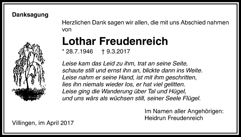  Traueranzeige für Lothar Freudenreich vom 06.04.2017 aus Licher Wochenblatt, Licher Wochenblatt, Licher Wochenblatt