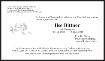 Traueranzeige von Ilse Bittner von Wetterauer Zeitung, Wetterauer Zeitung