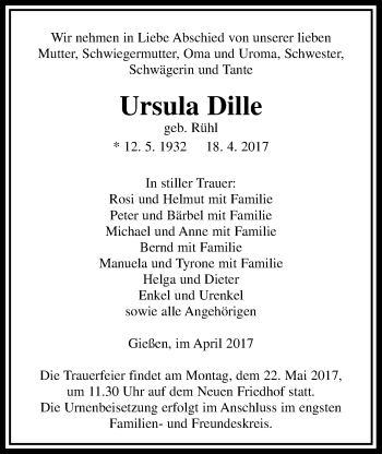 Traueranzeige von Ursula Dille von Giessener Allgemeine, Alsfelder Allgemeine