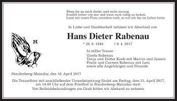 Traueranzeige von Hans Dieter Rabenau von Giessener Allgemeine, Alsfelder Allgemeine
