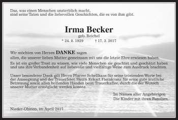 Traueranzeige von Irma Becker von Mücker Stimme