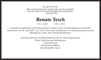 Traueranzeige von Renate Tesch von Wetterauer Zeitung, Wetterauer Zeitung
