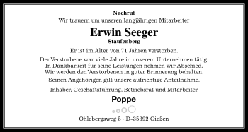 Traueranzeige von Erwin Seeger von Giessener Allgemeine, Alsfelder Allgemeine