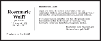 Traueranzeige von Rosemarie Wolff von Wetterauer Zeitung, Wetterauer Zeitung
