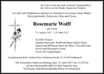 Traueranzeige von Rosemarie Wolff von Wetterauer Zeitung, Wetterauer Zeitung