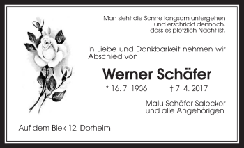 Traueranzeige von Werner Schäfer von Wetterauer Zeitung, Wetterauer Zeitung