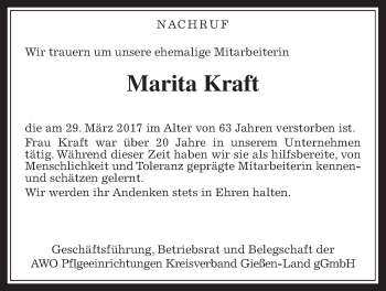 Traueranzeige von Marita Kraft von Giessener Allgemeine, Alsfelder Allgemeine