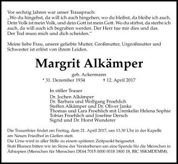 Traueranzeige von Margit Alkämper von Giessener Allgemeine, Alsfelder Allgemeine