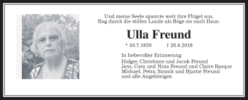 Traueranzeige von Ulla Freund von Wetterauer Zeitung, Wetterauer Zeitung