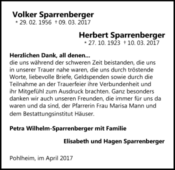 Traueranzeige von Herbert Sparrenberger von Giessener Allgemeine, Alsfelder Allgemeine