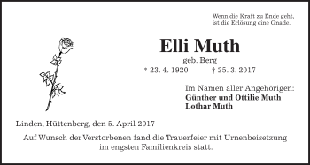 Traueranzeige von Elli Muth von Giessener Allgemeine, Alsfelder Allgemeine