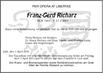 Traueranzeige von Franz-Gerd Richarz von Giessener Allgemeine, Giessener Anzeiger, Wetterauer Zeitung