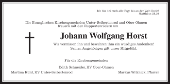 Traueranzeige von Johann Wolfgang Horst von Alsfelder Allgemeine