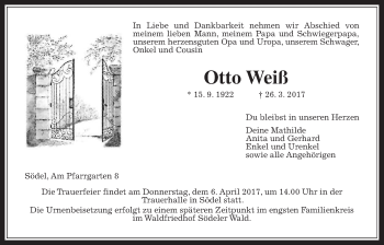 Traueranzeige von Otto Weiß von Wetterauer Zeitung, Wetterauer Zeitung