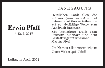 Traueranzeige von Erwin Pfaff von Giessener Allgemeine, Alsfelder Allgemeine