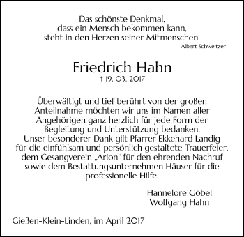 Traueranzeige von Friedrich Hahn von Giessener Allgemeine, Alsfelder Allgemeine