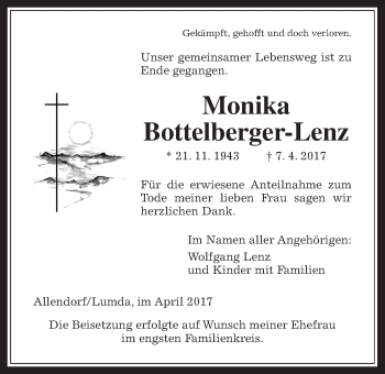 Traueranzeige von Monika Bottelberger-Lenz von Giessener Allgemeine, Alsfelder Allgemeine