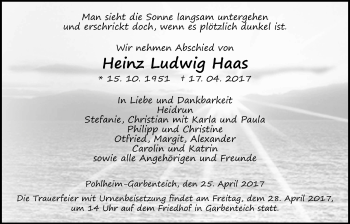 Traueranzeige von Heinz Ludwig Haas von Giessener Allgemeine, Alsfelder Allgemeine