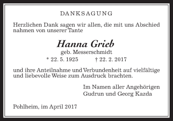 Traueranzeige von Hanna Grieb von Pohlheimer Nachrichten
