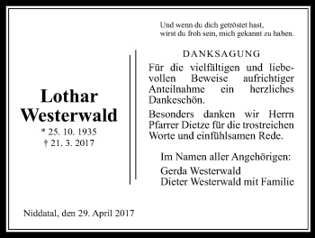 Traueranzeige von Lothar Westerwald von Wetterauer Zeitung, Wetterauer Zeitung