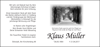 Traueranzeige von Klaus Müller von Wetterauer Zeitung, Wetterauer Zeitung