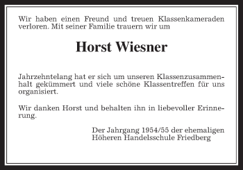 Traueranzeige von Horst Wiesner von Wetterauer Zeitung, Wetterauer Zeitung