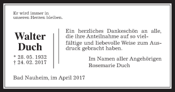 Traueranzeige von Walter Duch von Wetterauer Zeitung, Wetterauer Zeitung