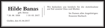 Traueranzeige von Hilde Banas von Giessener Allgemeine, Alsfelder Allgemeine