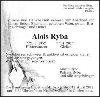 Traueranzeige von Alois Ryba von Giessener Allgemeine, Alsfelder Allgemeine