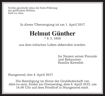 Traueranzeige von Helmut Günther von Giessener Allgemeine, Alsfelder Allgemeine