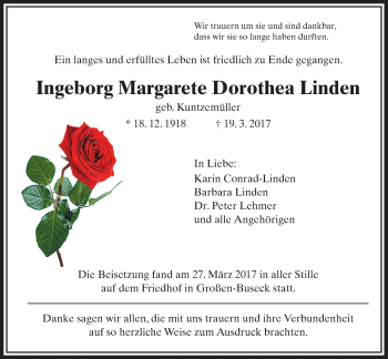 Traueranzeige von Ingeborg Margarete Dorothea Linden von Giessener Allgemeine, Alsfelder Allgemeine