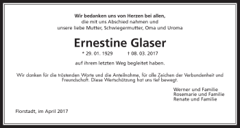 Traueranzeige von Ernestine Glaser von Wetterauer Zeitung, Wetterauer Zeitung