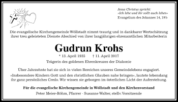 Traueranzeige von Gudrun Krohs von Wetterauer Zeitung, Wetterauer Zeitung