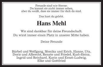 Traueranzeige von Hans Mehl von Giessener Allgemeine, Alsfelder Allgemeine