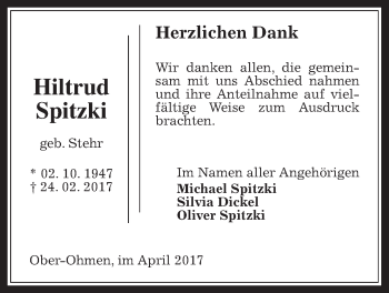 Traueranzeige von Hiltrud Spitzki von Mücker Stimme