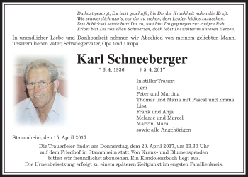 Traueranzeige von Karl Schneeberger von Wetterauer Zeitung, Wetterauer Zeitung