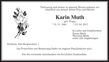 Traueranzeige von Karin Muth von Wetterauer Zeitung, Wetterauer Zeitung