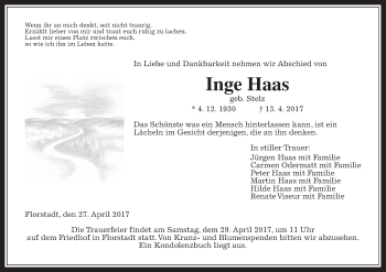 Traueranzeige von Inge Haas von Wetterauer Zeitung, Wetterauer Zeitung