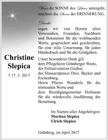 Traueranzeige von Christine Slepica von Giessener Allgemeine, Alsfelder Allgemeine
