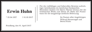 Traueranzeige von Erwin Huhn von Wetterauer Zeitung, Wetterauer Zeitung