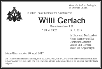 Traueranzeige von Willi Gerlach von Giessener Allgemeine, Alsfelder Allgemeine