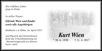Traueranzeige von Kurt Wien von Wetterauer Zeitung, Wetterauer Zeitung