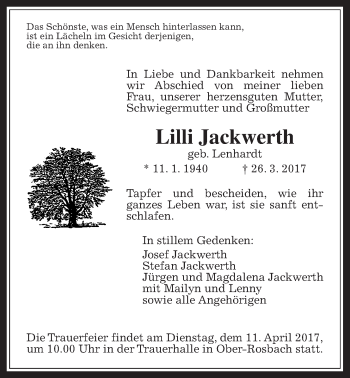 Traueranzeige von Lilli Jackwerth von Wetterauer Zeitung, Wetterauer Zeitung