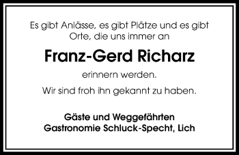 Traueranzeige von Franz-Gerd Richarz von Licher Wochenblatt, Licher Wochenblatt, Licher Wochenblatt