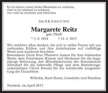 Traueranzeige von Margarete Reitz von Allendorfer Mitteilungen