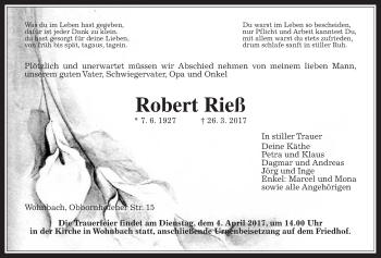 Traueranzeige von Robert Rieß von Wetterauer Zeitung, Wetterauer Zeitung