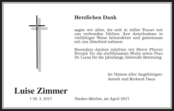 Traueranzeige von Luise Zimmer von Wetterauer Zeitung, Wetterauer Zeitung